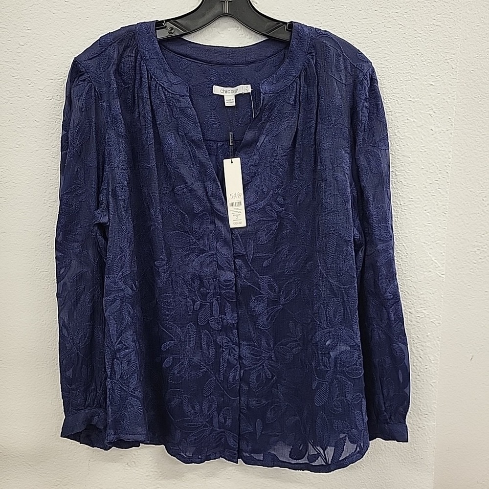 Chicos Long Sleeve Stitch Design Blouse, Blue, Size 2/ US 12 - NWT